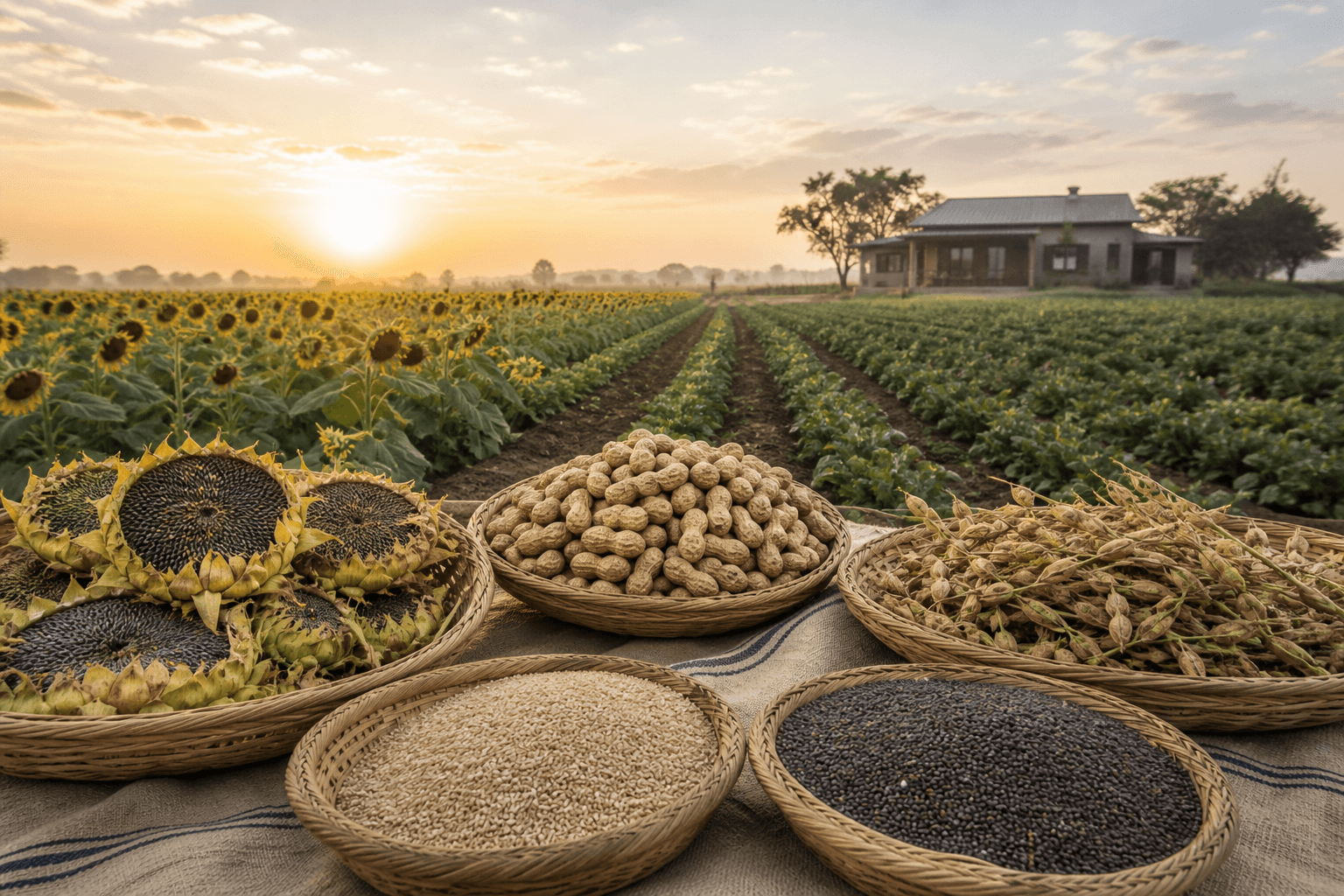 Oil seed harvest on farmland in Maharashtra