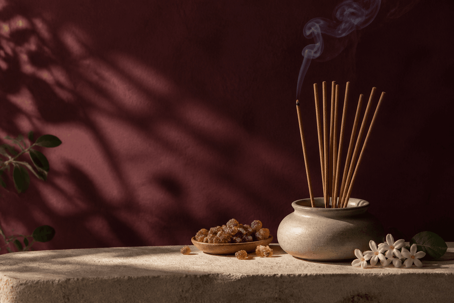 Natural incense and guggal resin in a quiet interior